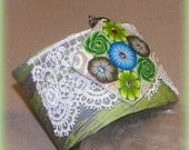 ON SALE Bracelet Cuff Vintage Style Upcycled from Vinyl Record and Lace Green Eco Friendly