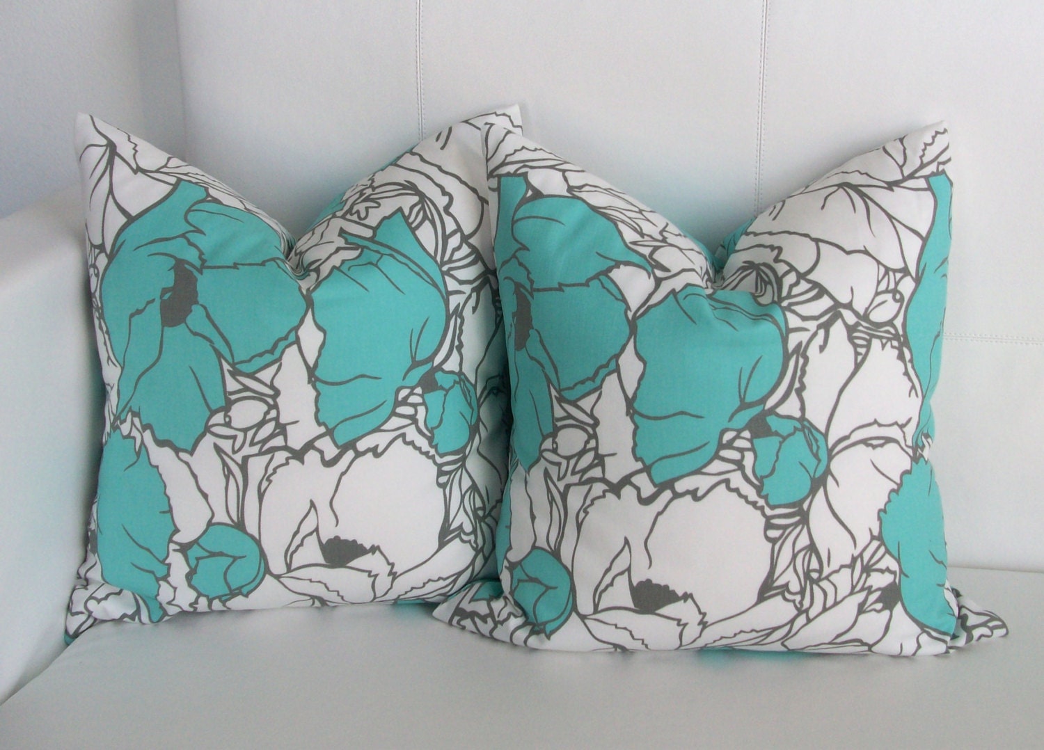 Mint Blue Floral Pillow Covers - 16x16 Pair