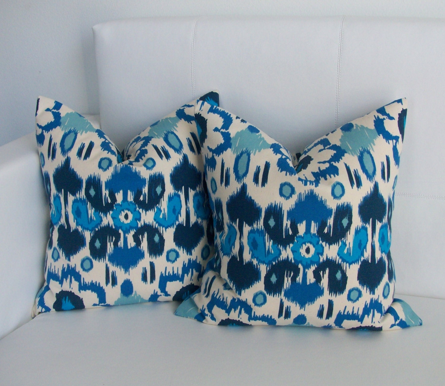 Blue Floral Ikat - Decorative Throw Pillow Covers for Throw Pillows - 20x20 or 22x22 Pair