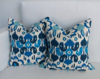 Blue Floral Ikat - Decorative Throw Pillow Covers for Throw Pillows - 20x20 or 22x22 Pair