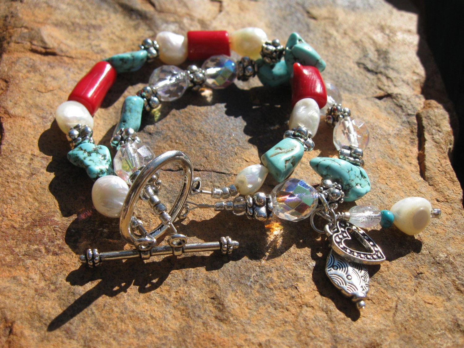 Turquoise, Coral, and Pearl Double Strand Bracelet - Southwestern, charms