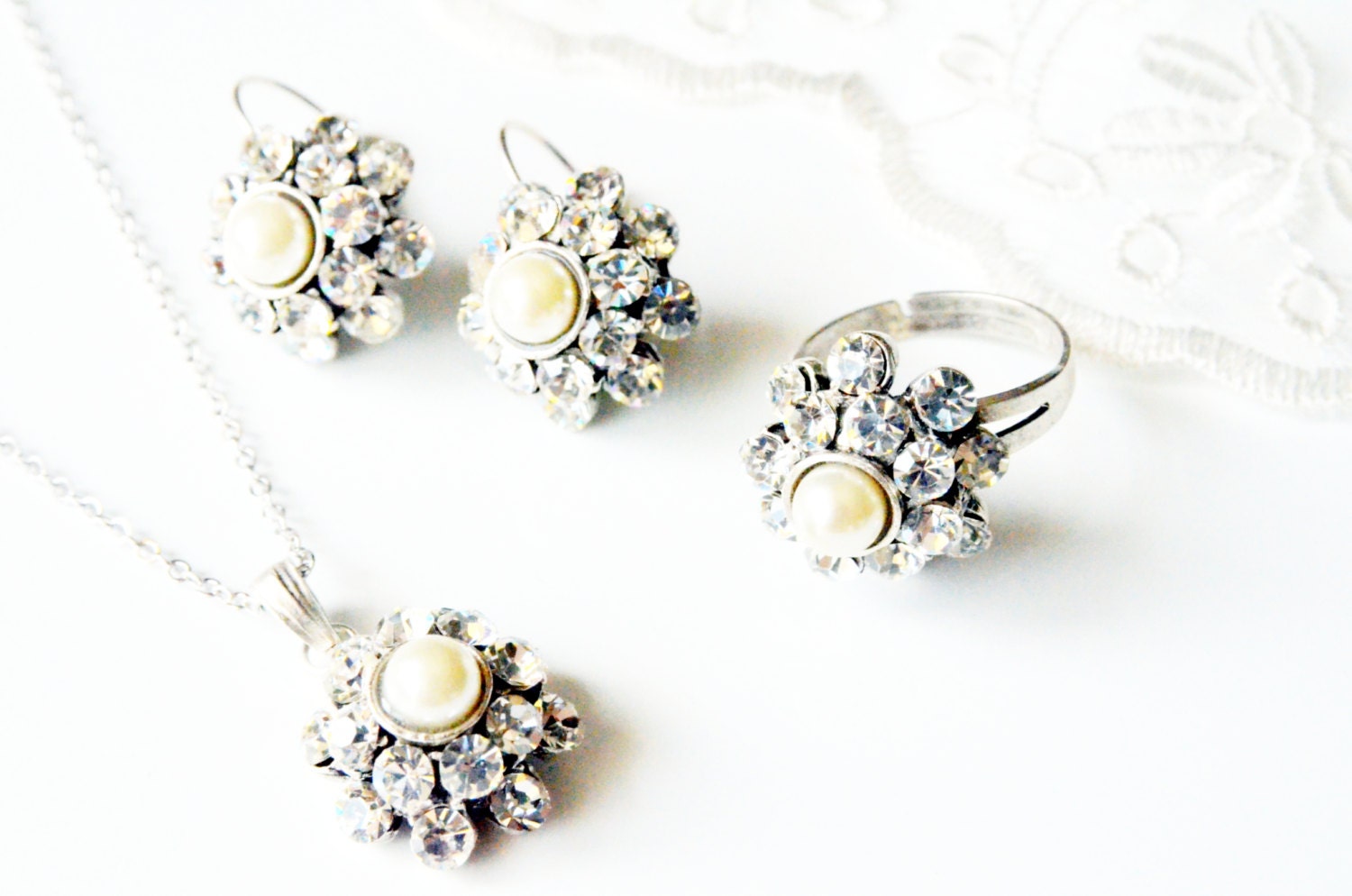 pearl crystal jewelry set art deco clear crystal rhinestone necklace earrings ring wedding jewelry bridal jewelry bridesmaids jewelry set