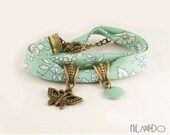 Spring Liberty Capel Mint and white Flowers bias - charm bracelet - Fabric bracelet - Wrap Bracelet