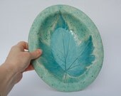 Teal Leaf Plate Bowl Pottery Serving Dish Teal Fruit Rustic Bowl Teal Pottery
