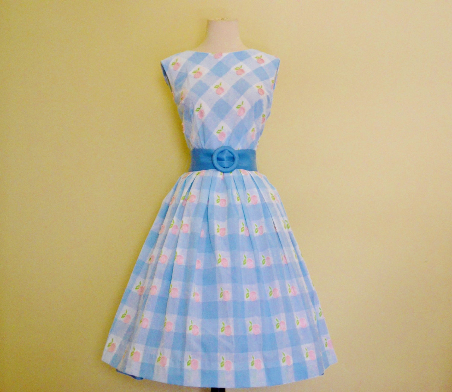 vintage 1960's Serbin of Florida spring picnic baby blue check and embroidered pink flowers cotton pin up dress