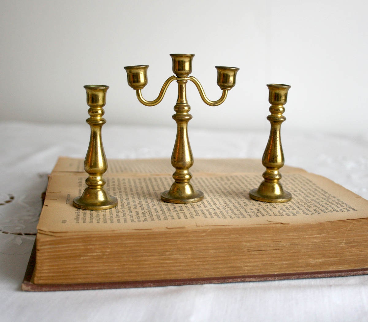 Antique Miniature Brass Doll Candlesticks and Candelabra golden vintage