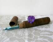 Vintage Wooden Turned Needle Case - sewing crochet hook brown purple farmhouse