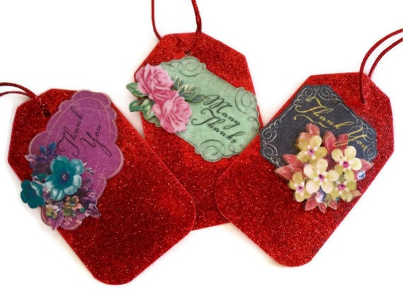 Vintage Mother's Day Gift Tags - Thank You Flower Hang Tags, Flora Red Glitter (Set of 5 Mini Gift Tags)