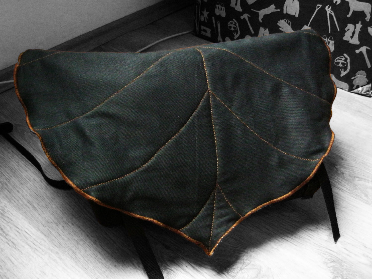 Large Black Leaf  Bike Messenger Bag, Bicycle Bag, Backpack, Bike accessory made of  Waterproof canvas