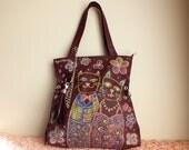 CAT LOVE Maroon Leather Tote Bag, Hand painted Purse