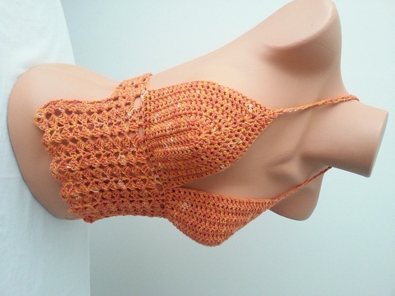 Antibacterial orange bamboo yarn  Crochet halter gray  top bikini,Bra /Bikini ,halter,summer bikini, corset