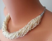 Ivory Hand-crochet Rope Necklace with silvery glass beads,, Necklace, Crochet Necklace, Feminine, Trendy, Infinity,  prom,wedding