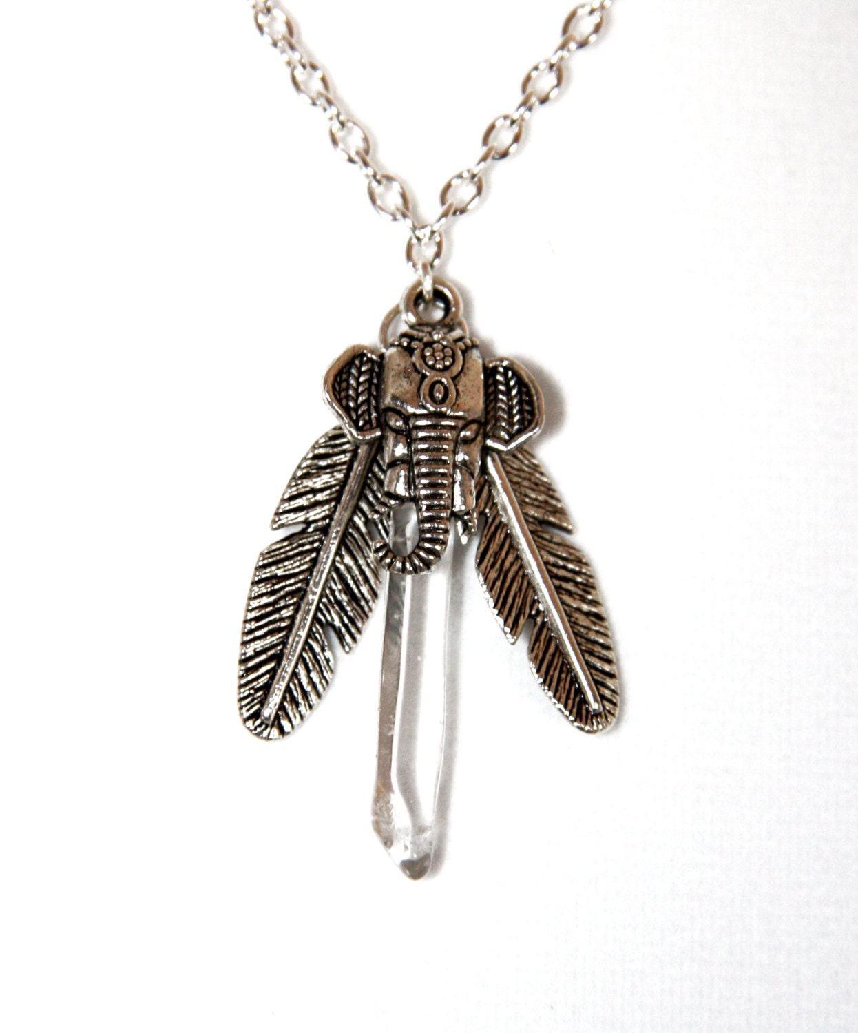 Clear Quartz Wand, Elephant Ganesha, and Feather Energy Amplifying Necklace - Reiki Infused - Assists Manifestation - 18" Chain