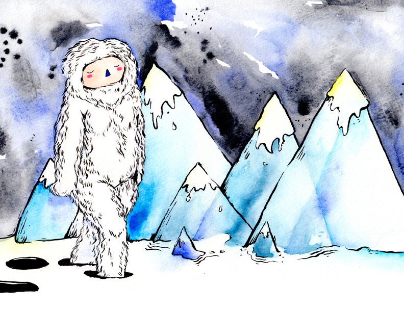 Yeti / Abominable Snowman Print of a Watercolor Painting, Snow Art Drawing Winter Cold Chilly