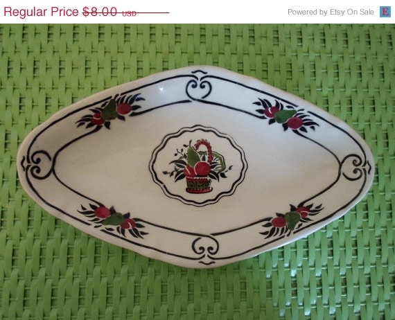SPRING SALE Vintage Keramis Melba plate or bowl with a basket of fruit and fruit border    In black,red and green colors