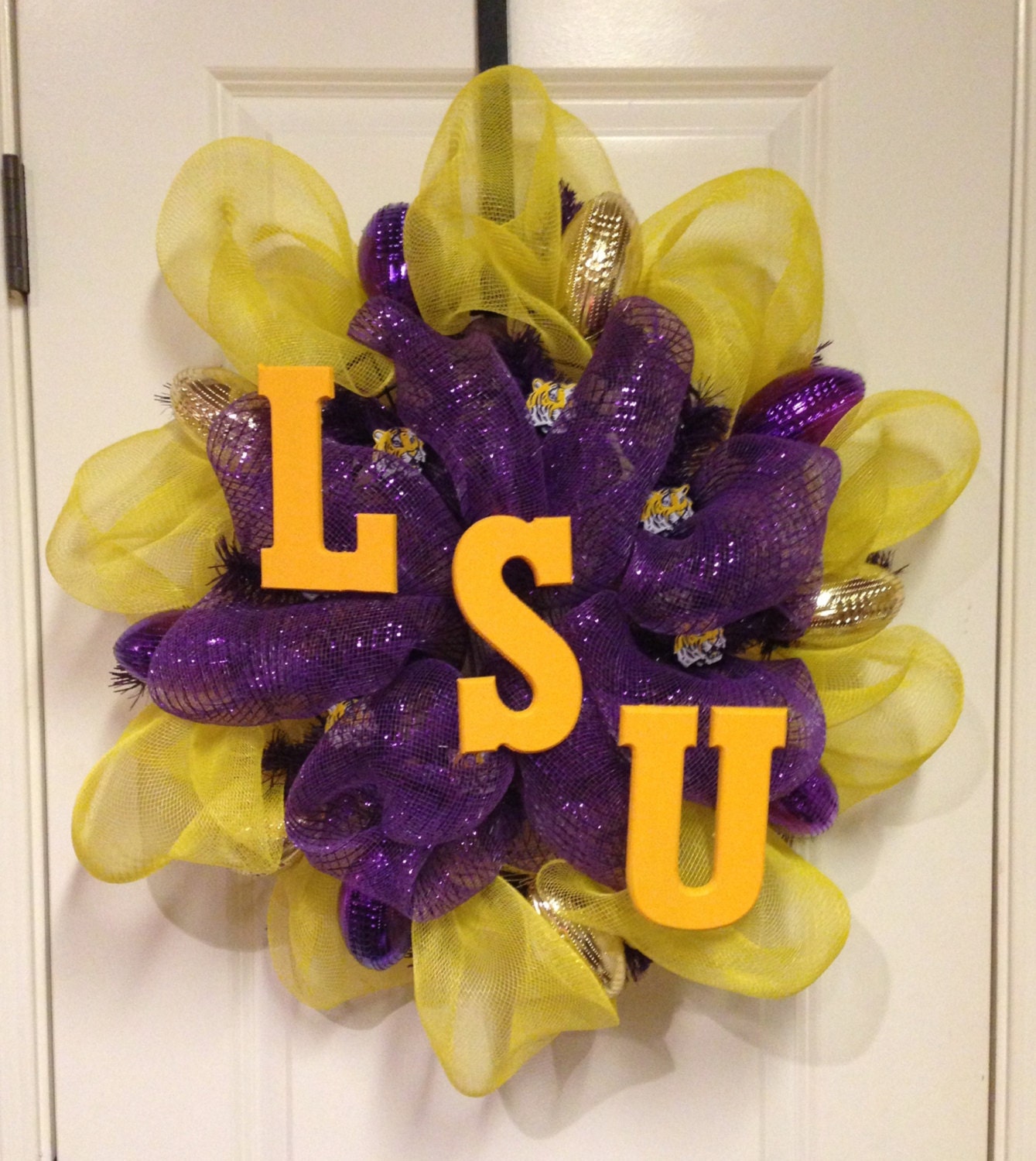 LSU Tigers Purple and Gold Deco Poly Mesh Wreath with plastic footballs Spring Wreath Summer Wreath Fall Wreath