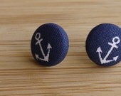 Fabric Covered Button Earrings - Navy Blue Anchors