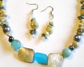 Natural Seashells, African Opal, Turquoise, Blue Haze Fire Agate, Recycled Glass, & Freshwater Pearl Necklace and Earring Set