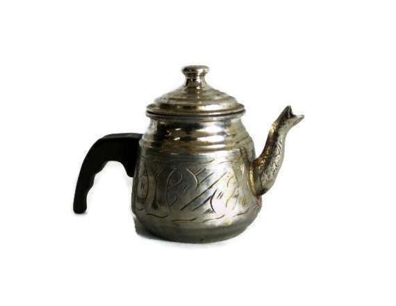 Etched COPPER KETTLE ornate TEAPOT, tinned, Tarnish, Folk art, crafts, serveware. Handmade etching, plastic handle, Turkish, kitchen decor