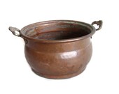 Stock pot, vintage copper, ornate brass handles PLANTER pot holder RUSTIC kitchen fireplace home decor, Patio porch decoration, old COOKWARE