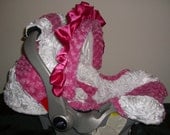 White ribbon roses, hot pink minky swirl,  car seat replacement cover, graco, britax, chicco, baby trend, evenflo