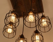 Cage Light Chandelier - Cage Lighting - Industrial Lighting - Edison Bulb - Upcycled Wood