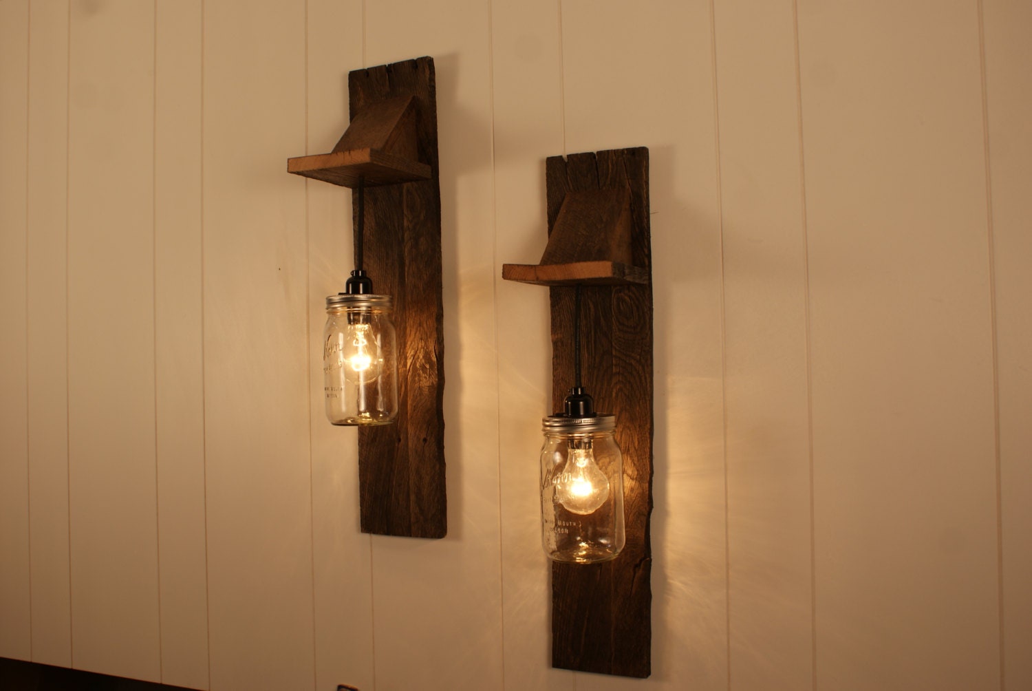 Pair of Mason Jar Chandelier Wall Mount Fixture -- Mason Jar Lighting - Upcycled Wood - Mason jar pendant