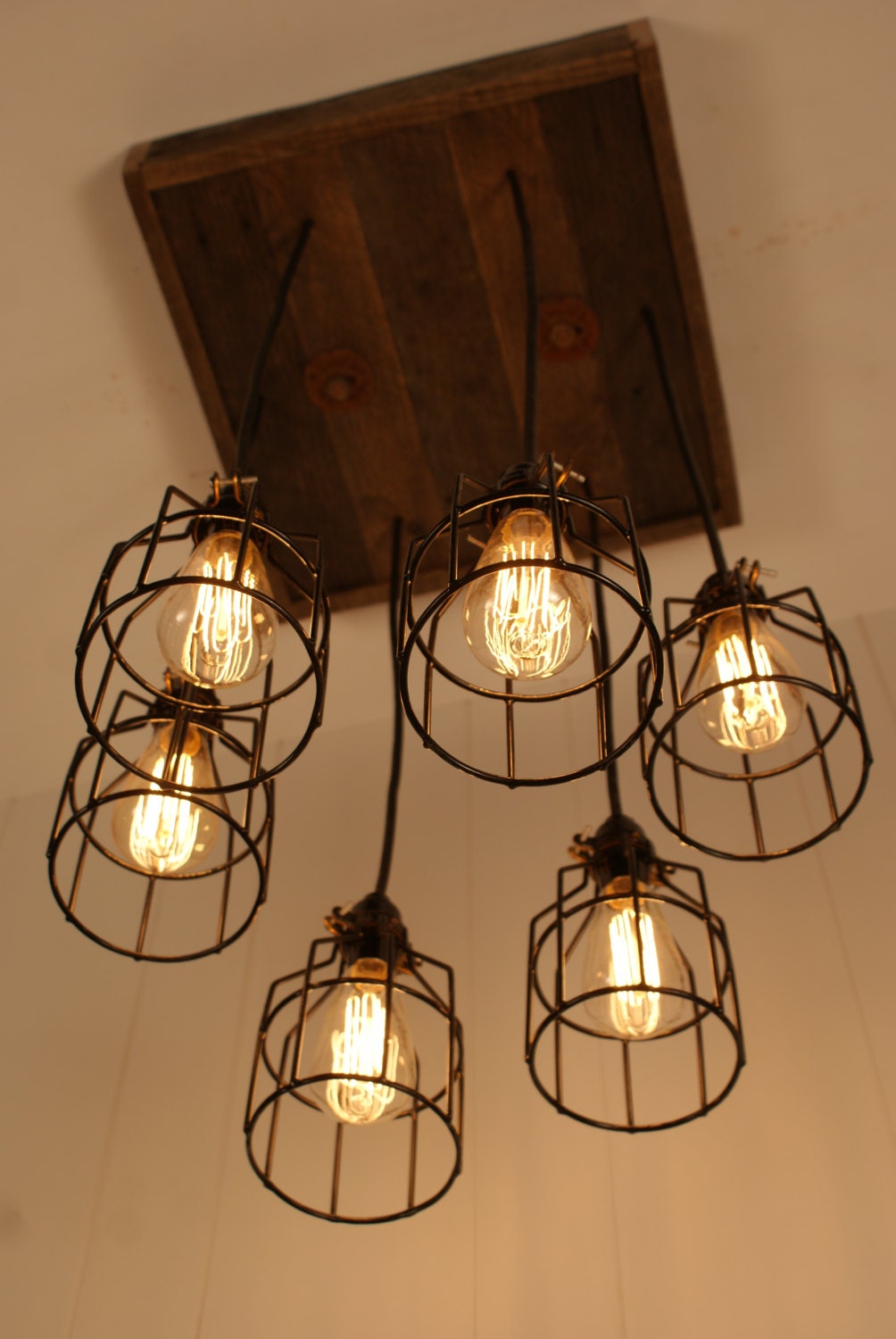 Cage Light Chandelier - Cage Lighting - Industrial Lighting - Edison Bulb - Upcycled Wood