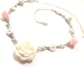 Sale Deal of the Month, Silver White and Pink Necklace, Wire Wrapped Flowers Necklace, White Roses, Pink Roses Spring Trends, Summer Trends