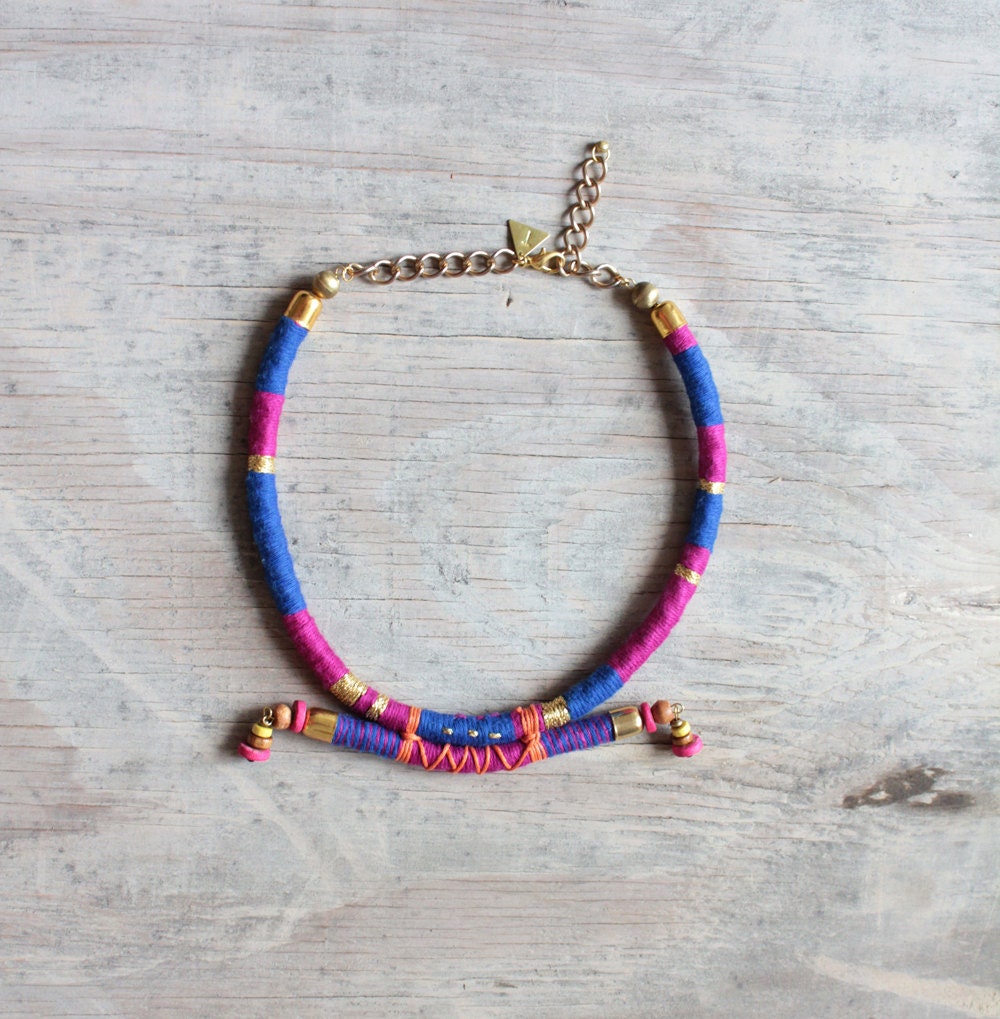 Lotus - Tribal rope necklace - hot pink and cobalt