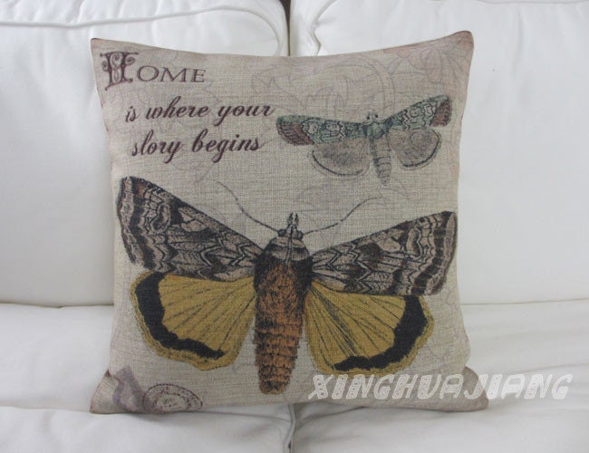 Home is where your story begin retro words and colorful butterfly printed handmade throw pillow cover / cushion case18 x 18