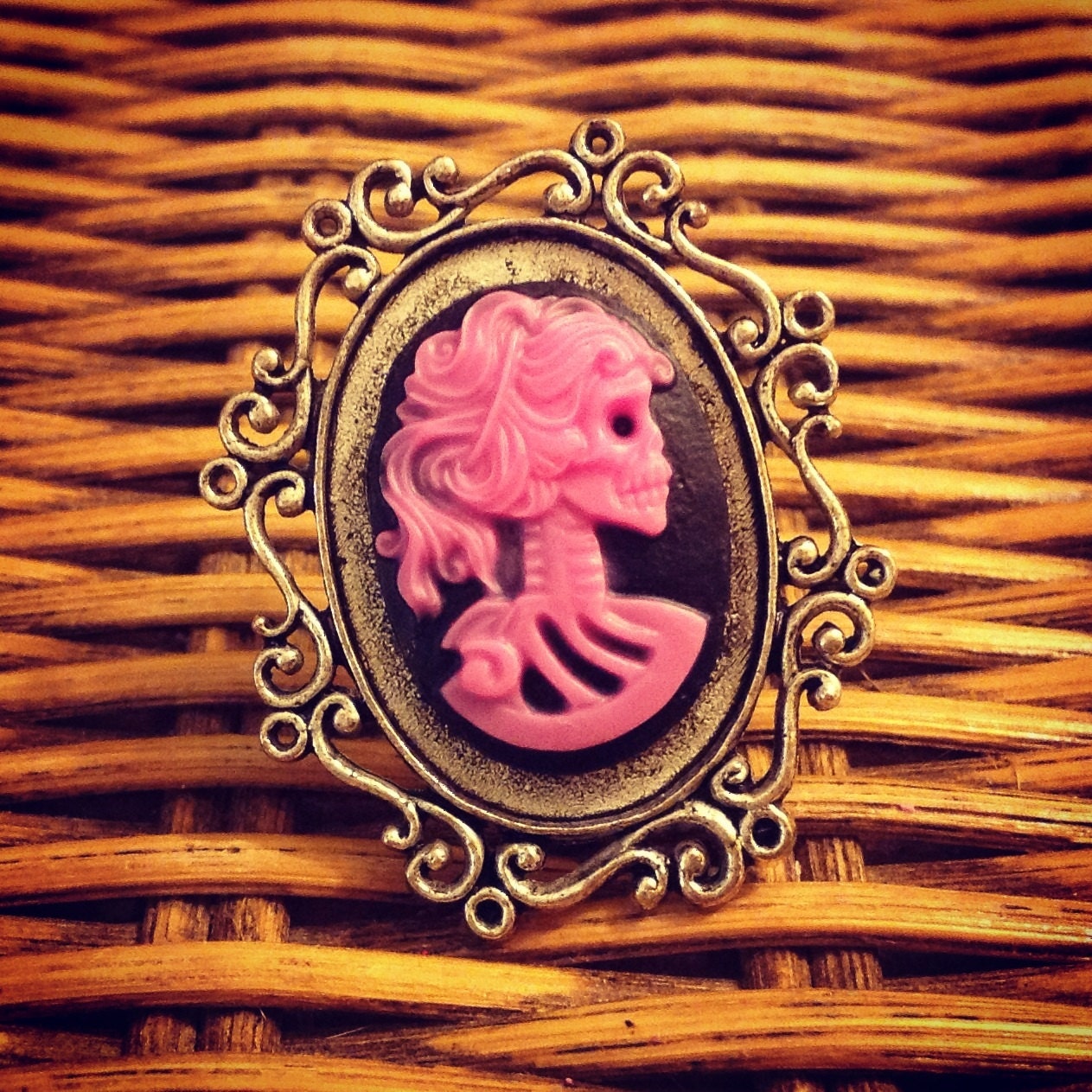Pink Cameo Skull Adjustable Ring