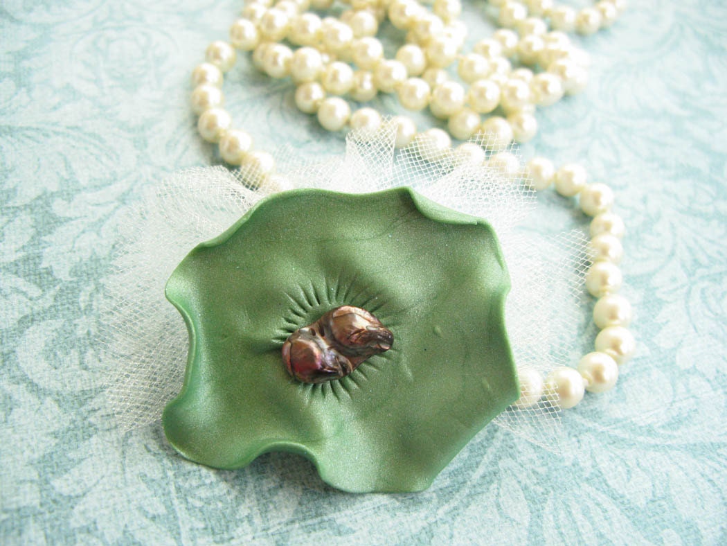 Green Polymer Clay Flower and Freshwater pearl Tulle Brooch - Accessorize Anything -  Beautifully Packaged