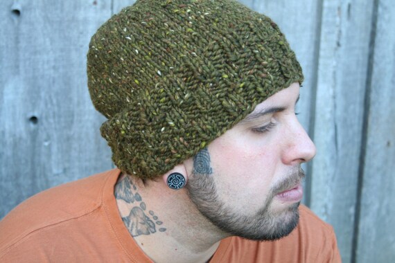 Buy cheap man hats. - Hand Knit Hat, Men's Hat, Wool Beanie- Olive, Army, Tweed, Moss- gift for him- Custom Color options