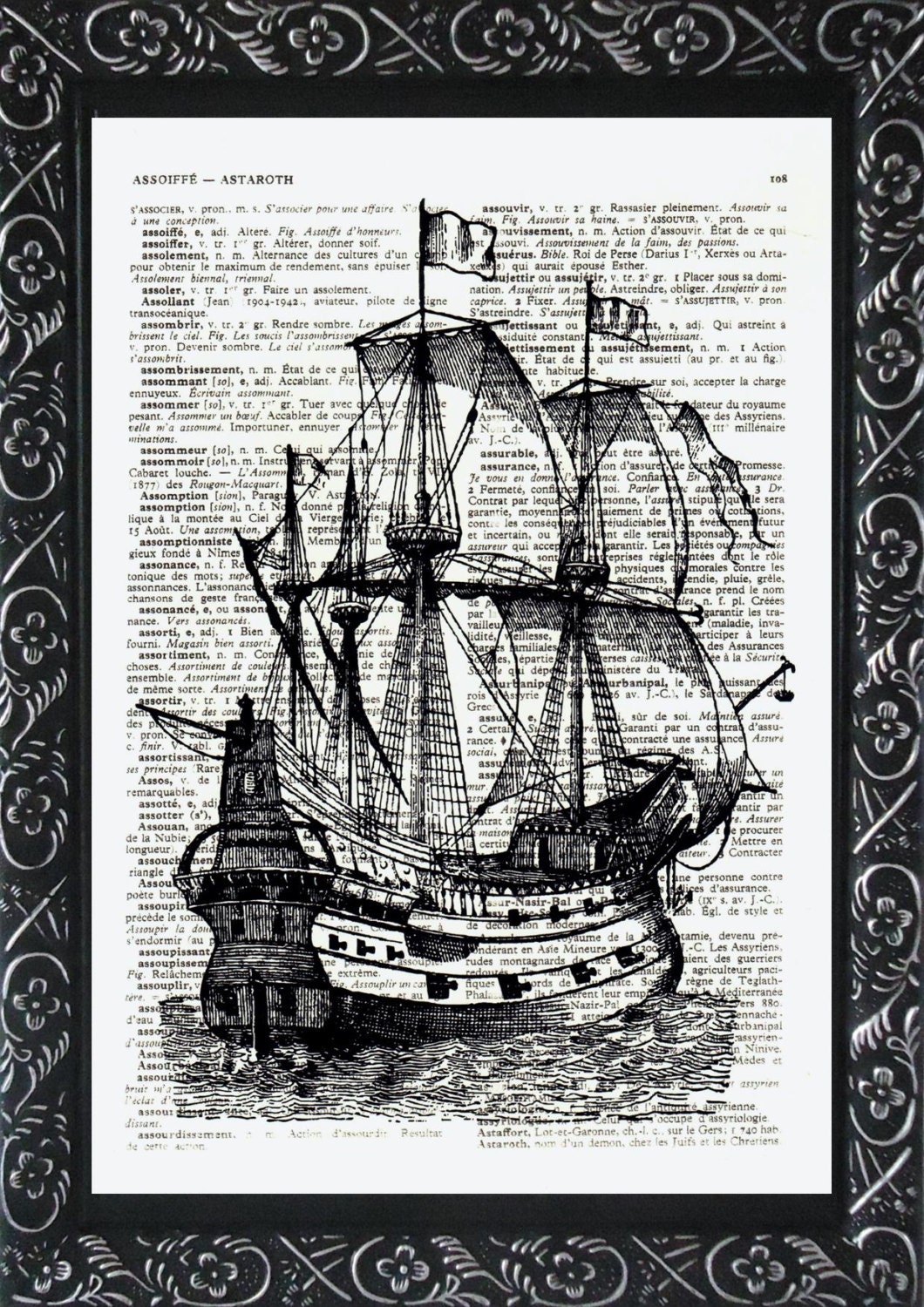 Sailing ship print Lovely bathroom art on an vintage french dictionary page, dictionary ship art print sailing ship poster 8x10 (499)