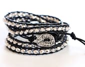 Ocean Jewelry Fine Silver Beaded Wrap Bracelet, 5x Wrap  PMC Leather Bracelet, Silver Color Czech Crystal Beads, Black