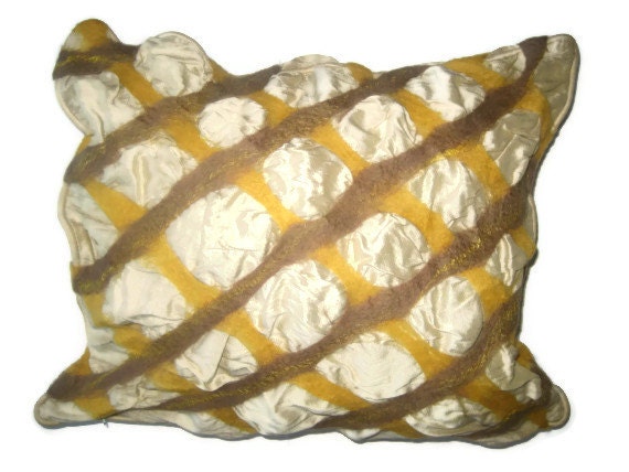 Silk pillow cushion cover nuno felt wool decorative brown yellow cream caramel color