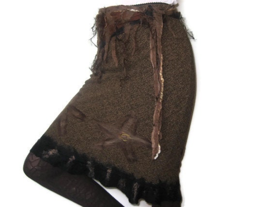 Flower skirt with belt nuno felt black brown XS, S size, cotton wool felted