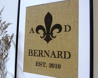 Wedding Anniversary Engagement Fleur De Lis Print on Burlap