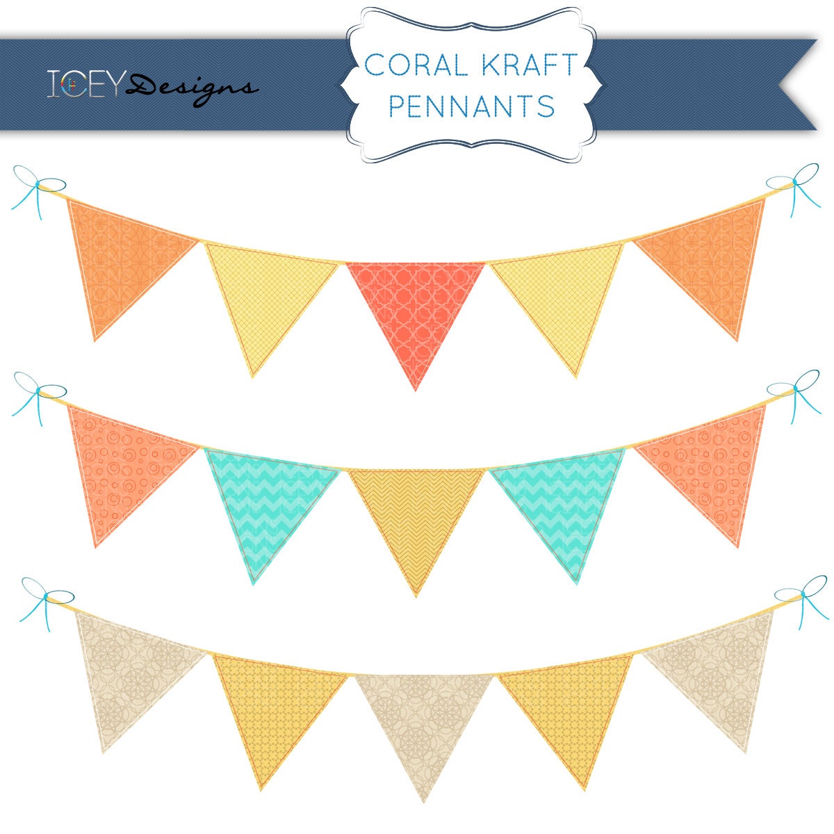 Digital Scrapbooking Coral, Aqua, Kraft Flags, Bunting, Pennant, Ribbon Clipart Clip Art - For Commercial and Personal Use
