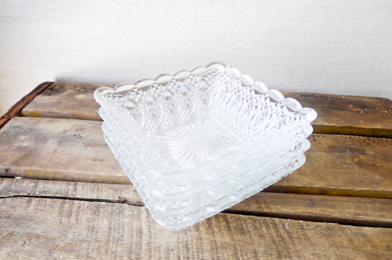 antique glass bowl dish set - trinket tray -  pressed glass set of 4
