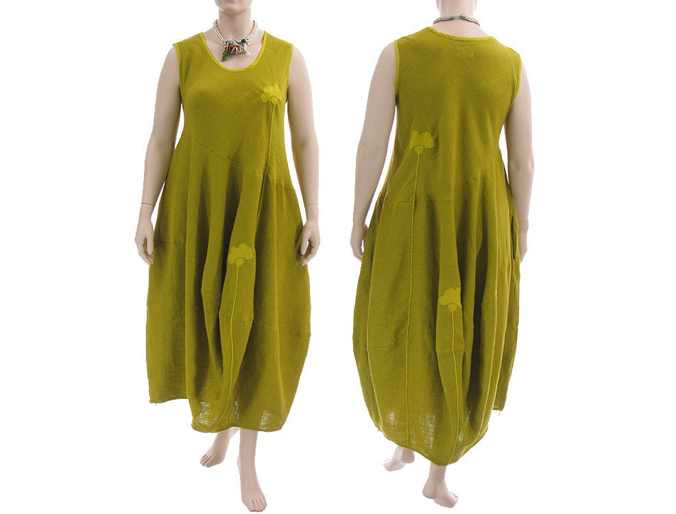 Artsy boho linen dress, balloony shape in mustard / lagenlook for plus size women, extra large