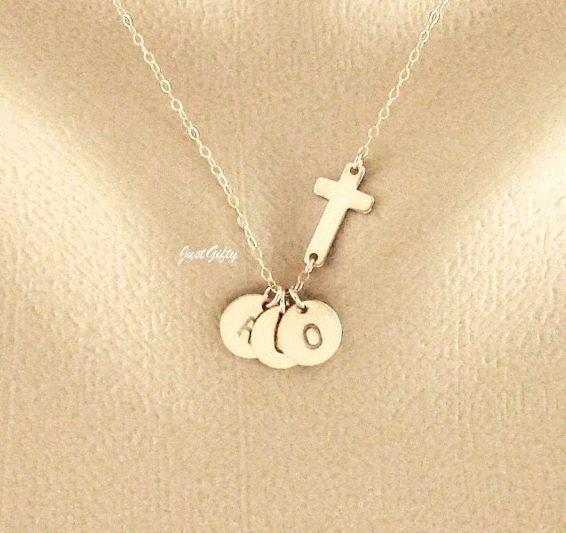 Cross Necklace and Initial Charm, Three Charm necklace, GOLD fill, Sister Jewelry, Family Monogram Necklace, Child and Mother's Necklace
