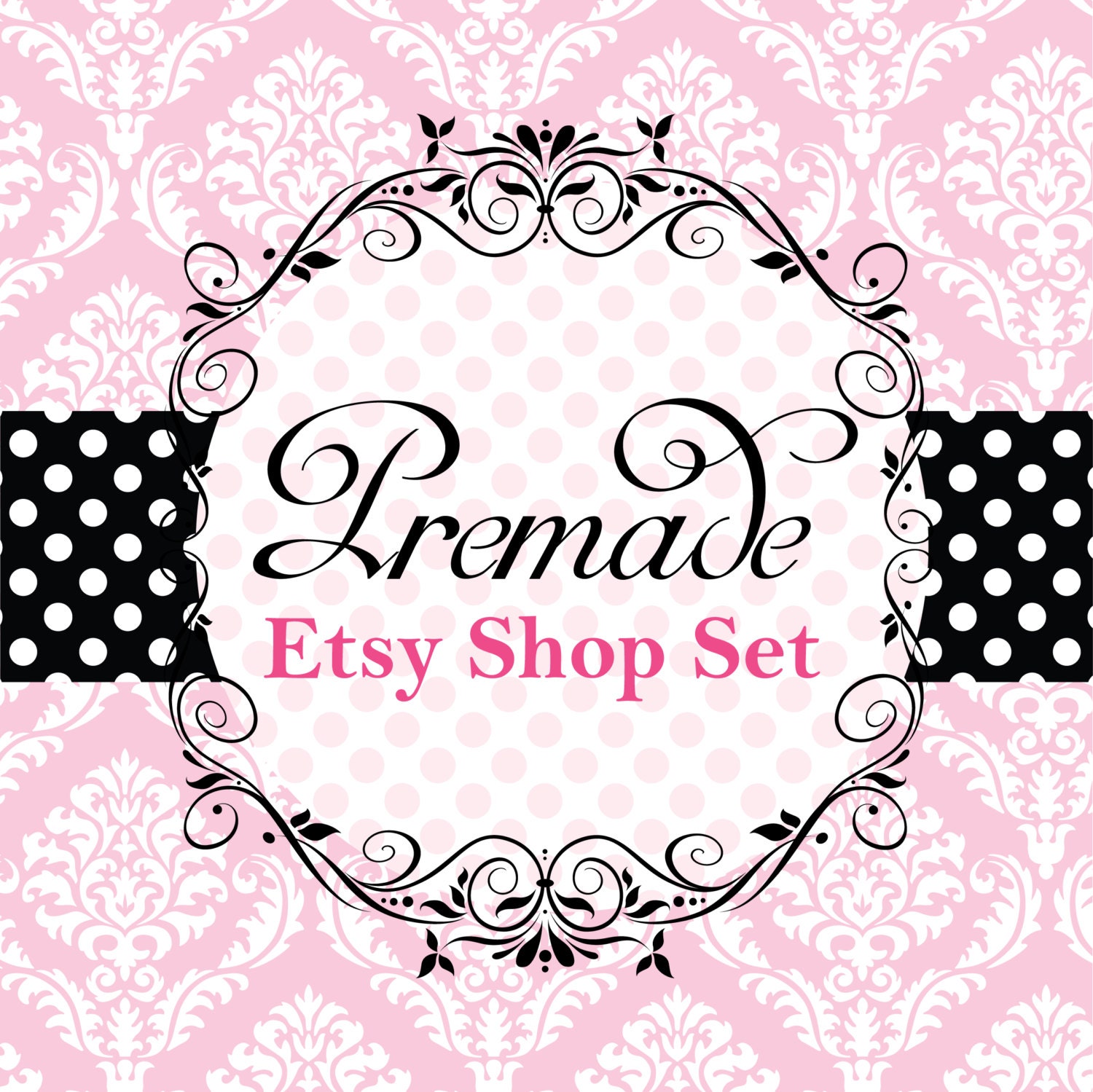 Premade Signature Etsy Shop Set, Boutique Design, Business Branding, Pink and Black, Parisian Style, Damask, Polkadots Il_570xn