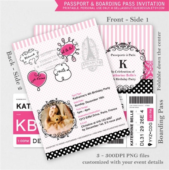 First Class to Paris, Passport and Boarding Pass Invitation with Photo, Pink and Black, Parisian, Parisienne Il_570xn