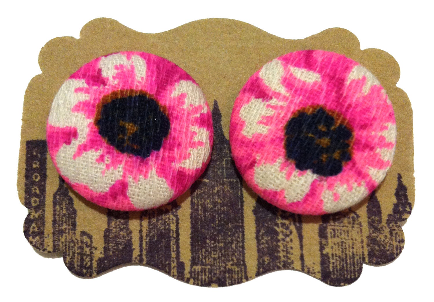 Button Earrings, Handmade Jewelry, Vintage Fabric, Neon Pink Flowers, Hypallergenic Posts, Large, Women's Accessories, Round, Retro