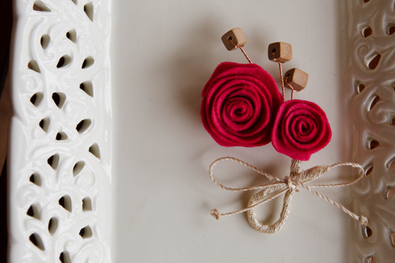 Fuschia Pink Felt Boutonniere with Abaca Twine