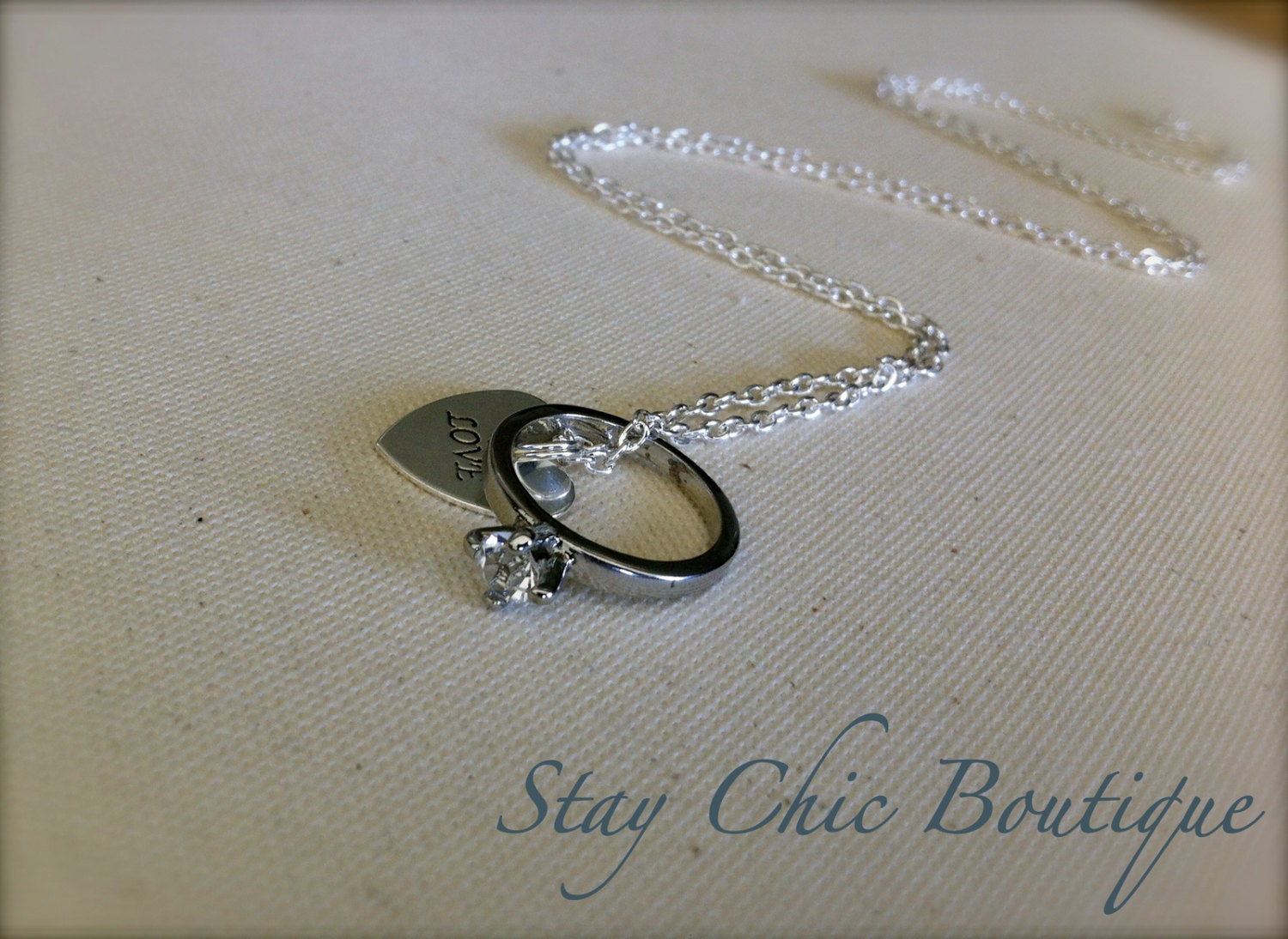 WEDDING RING NECKLACE Love Stamped Heart Diamond Engagement Jewelry Personalized Gift Anniversary Pendant Charm