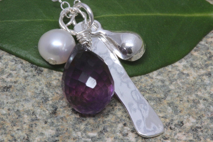 SALE . Amethyst  Gemstone Personalized Necklace.Hand Stamped Custom Necklace with  Bar Charm, Birthstone , silver Tear Drop Charm,peal .