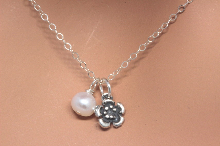 Tiny Flow In Sterling Silver Necklace.Flower Girl Gift Necklace.Bridesmaid Gift Set Necklace.Rose with Pearl Necklace.